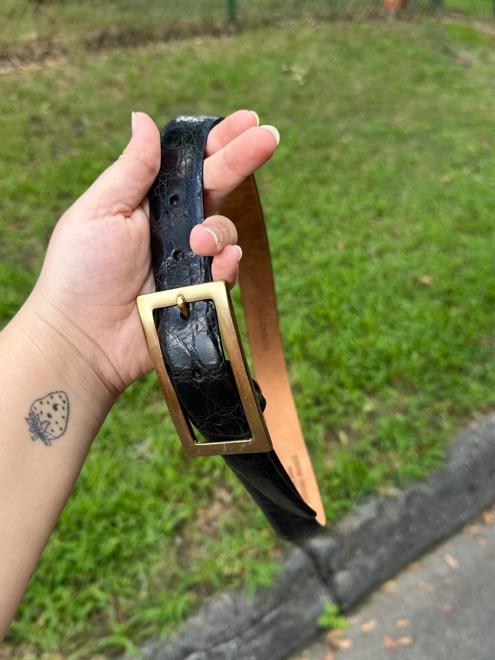 W. Kleinberg Black Genuine Crocodile Belt with Gold Rectangular Buckle